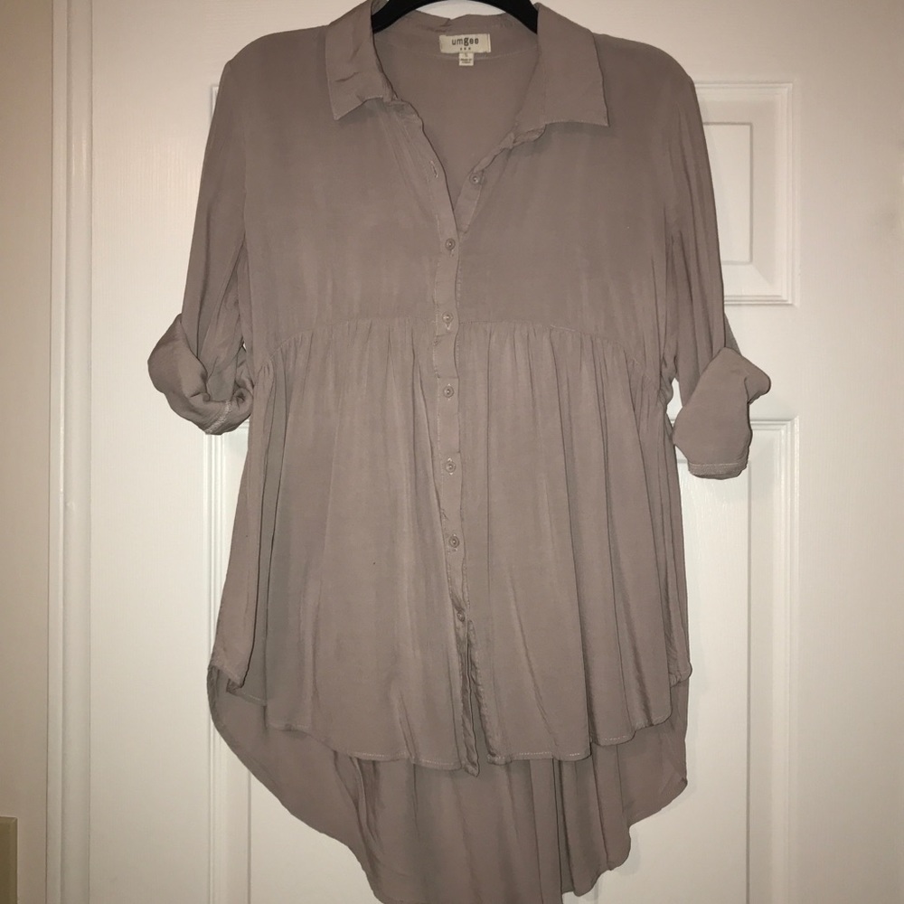 Umgee Oversized Button-up Taupe Blouse
